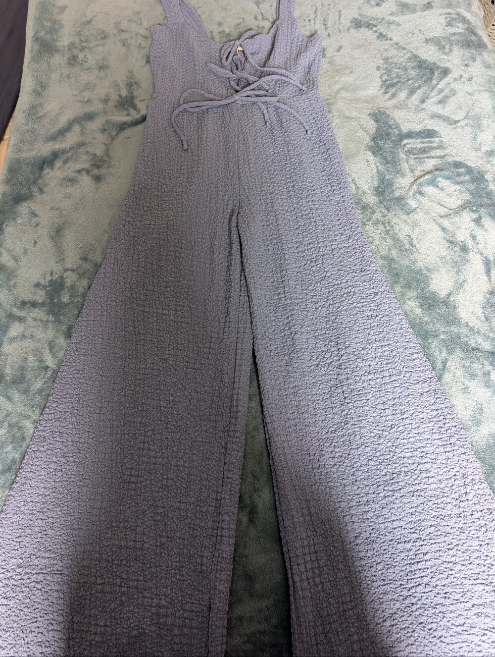See You Monday Blue Textured Wide-Leg Jumpsuit
